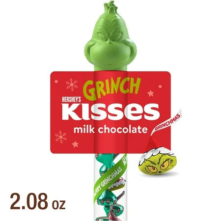 Hershey's Kisses Grinch Milk Chocolate Christmas Candy Stocking Stuffers, Plastic Cane 2.08 oz | Walmart (US)