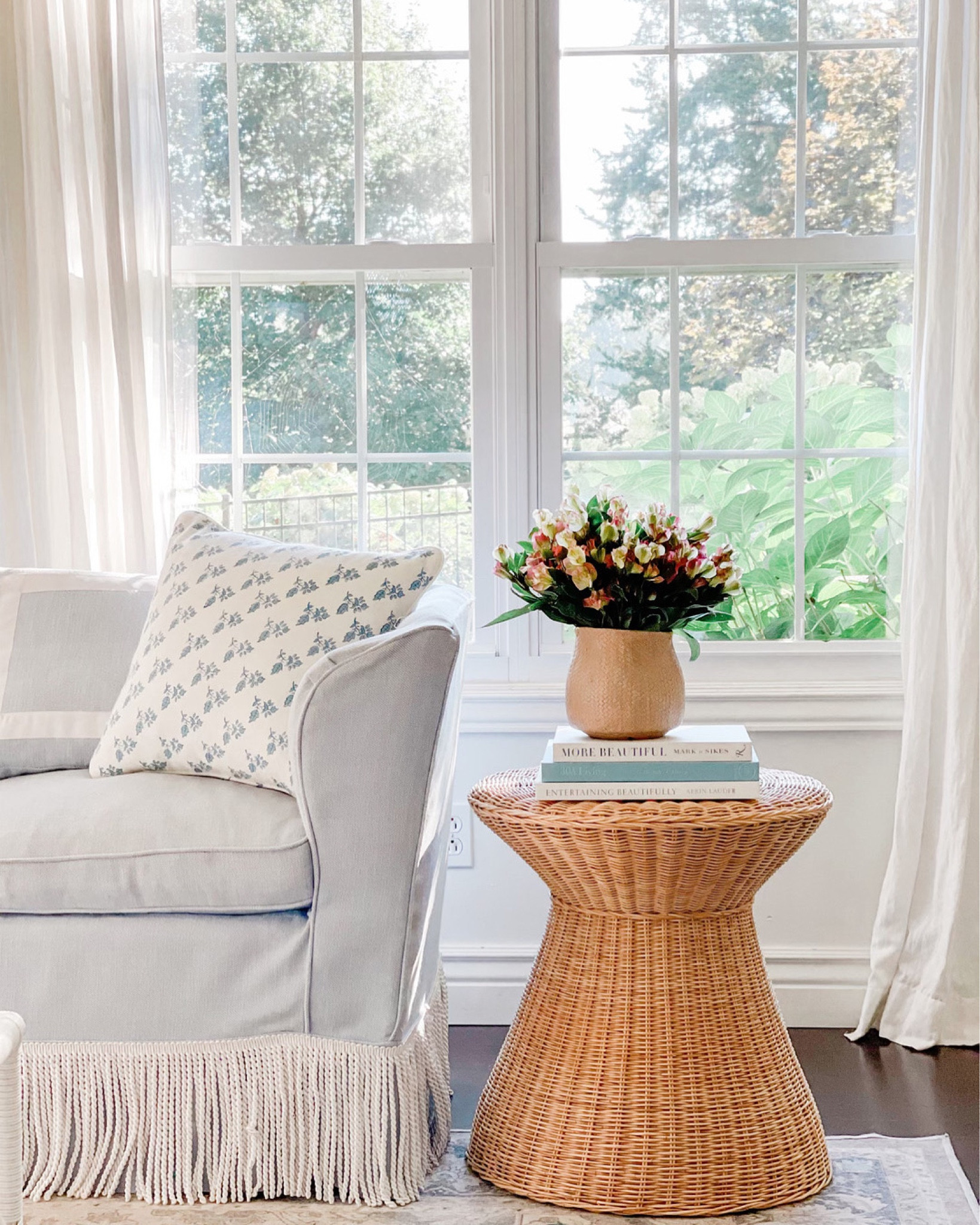 Living room decor, perennials fabric on a vintage loveseat, wicker side table, fall flowers, early fall decor, timeless style 

#LTKSeasonal #LTKSale #LTKhome
