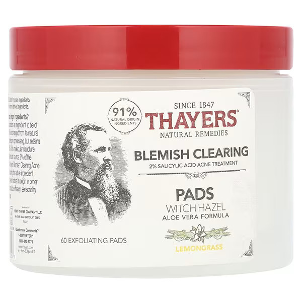 Thayers, Blemish Clearing Witch Hazel Pads, Lemongrass, 60 Exfoliating Pads | iHerb