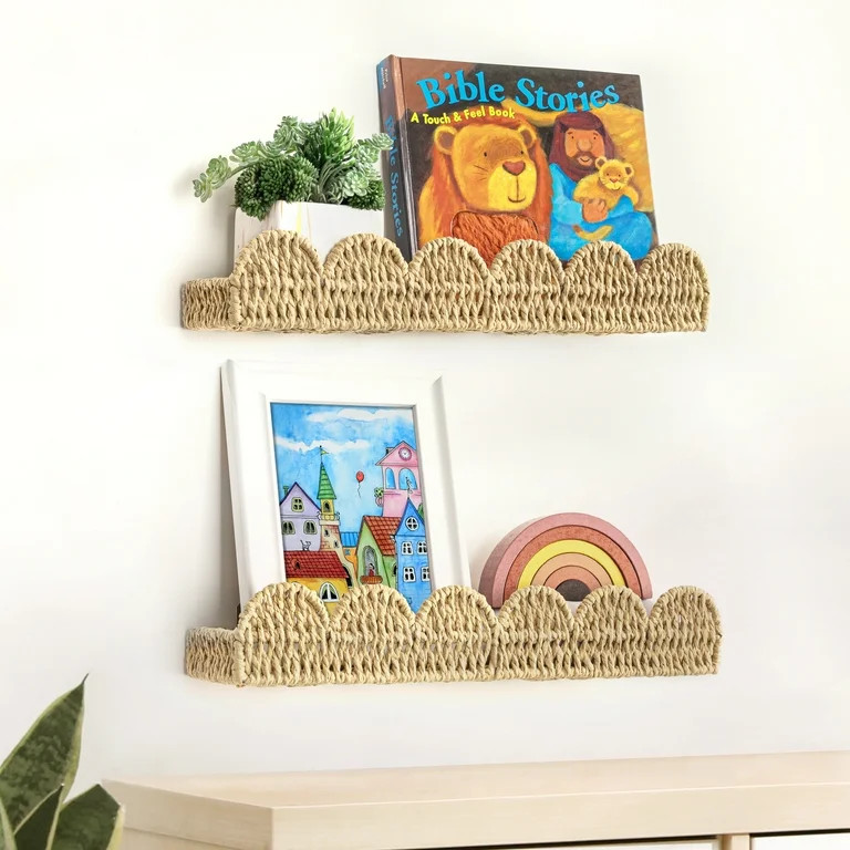 Sunlit Scalloped Nursery Bookshelf, Set of 2, Picture Ledge Shelf for Wall Decor, Woven Straw Pap... | Walmart (US)