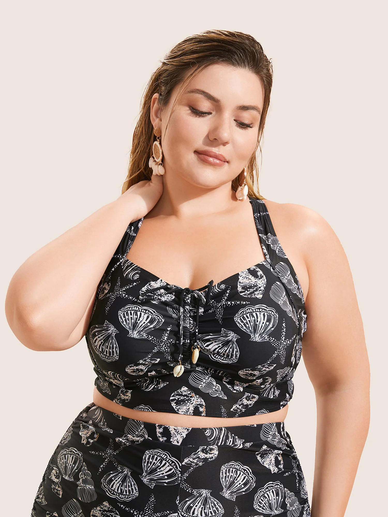 Shell Print Drawstring Ruched Skinny Swim Top | Bloomchic