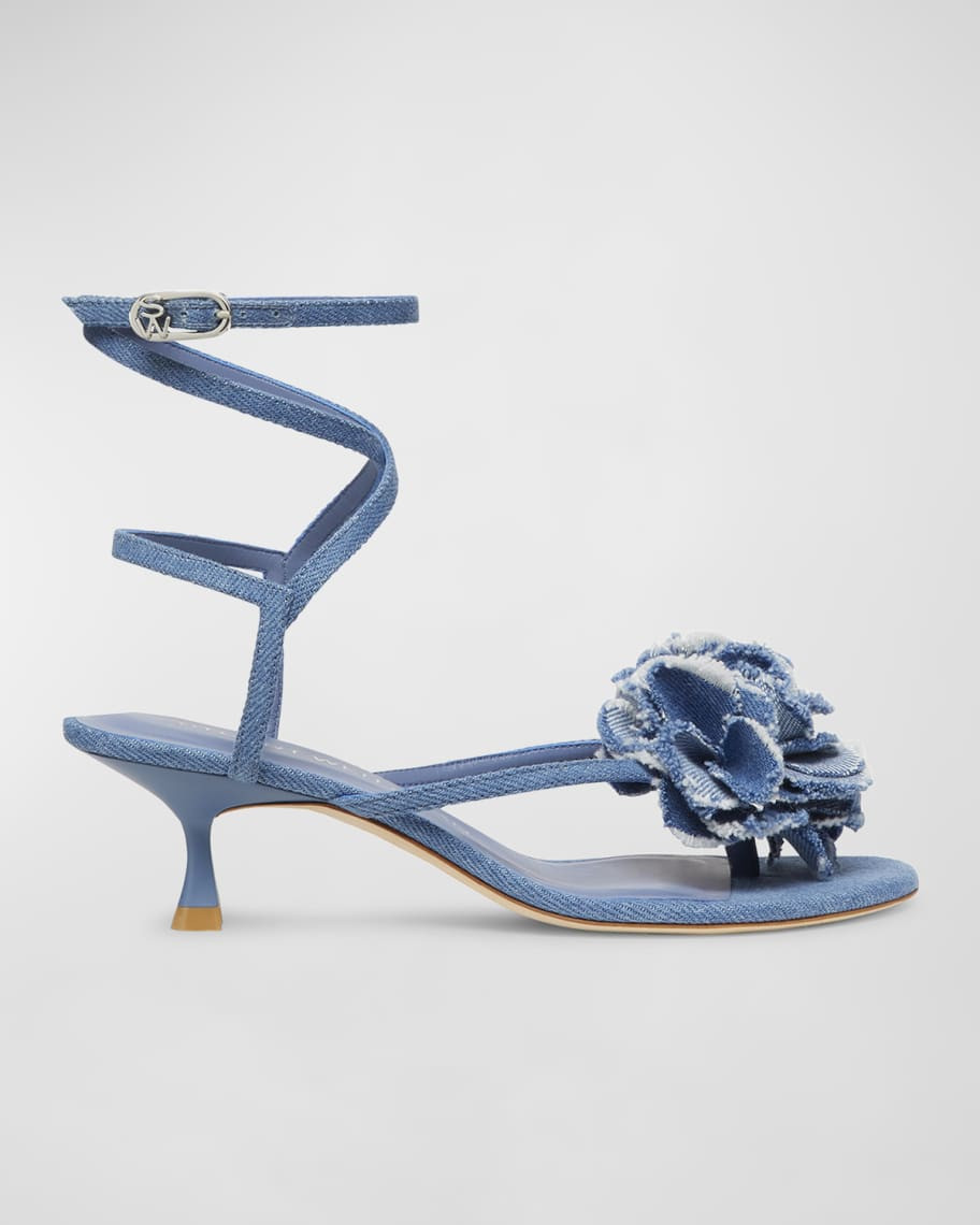 Stuart Weitzman Belize Denim Flower Ankle-Strap Sandals | Neiman Marcus
