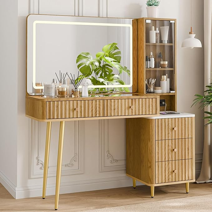 Fluted Vanity Desk with 36" Mirror and Lights, Makeup Vanity Desk with Glass Top, Dressing Table ... | Amazon (US)