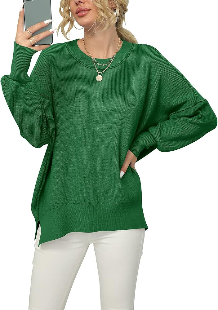 ANRABESS Women Crewneck Batwing Sleeve 2023 Fall Oversized Side Slit Ribbed Knit Pullover Sweater... | Amazon (US)