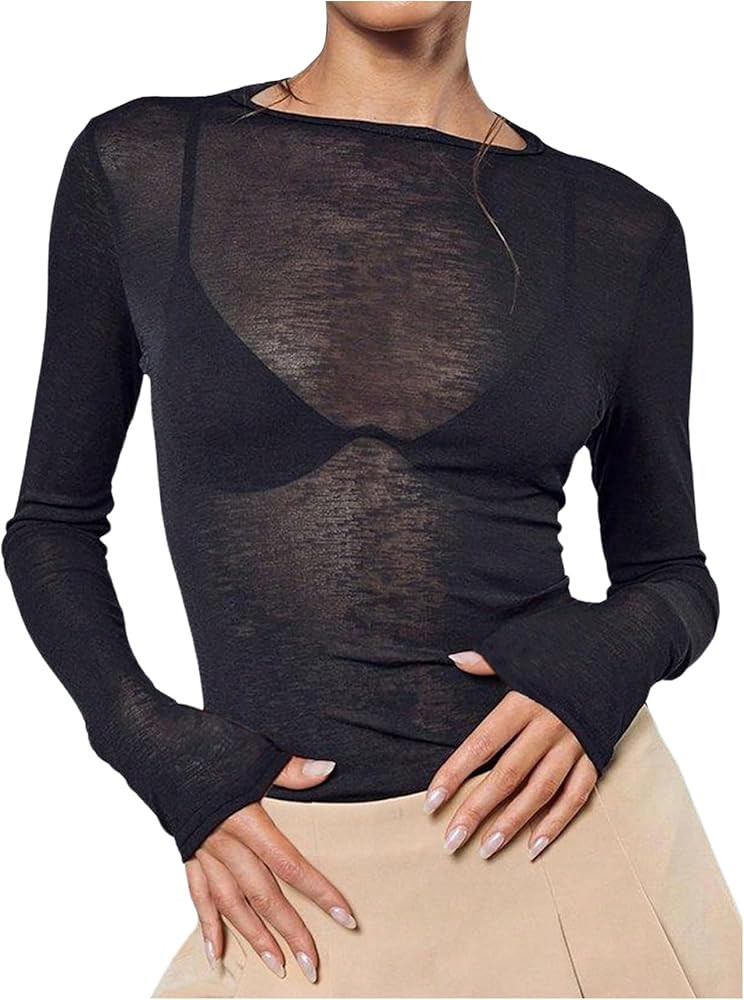 Women's Sheer Mesh Long Sleeve T Shirts Boat Neck Slim Fit Tee Tops Going Out See Through Shirts | Amazon (US)