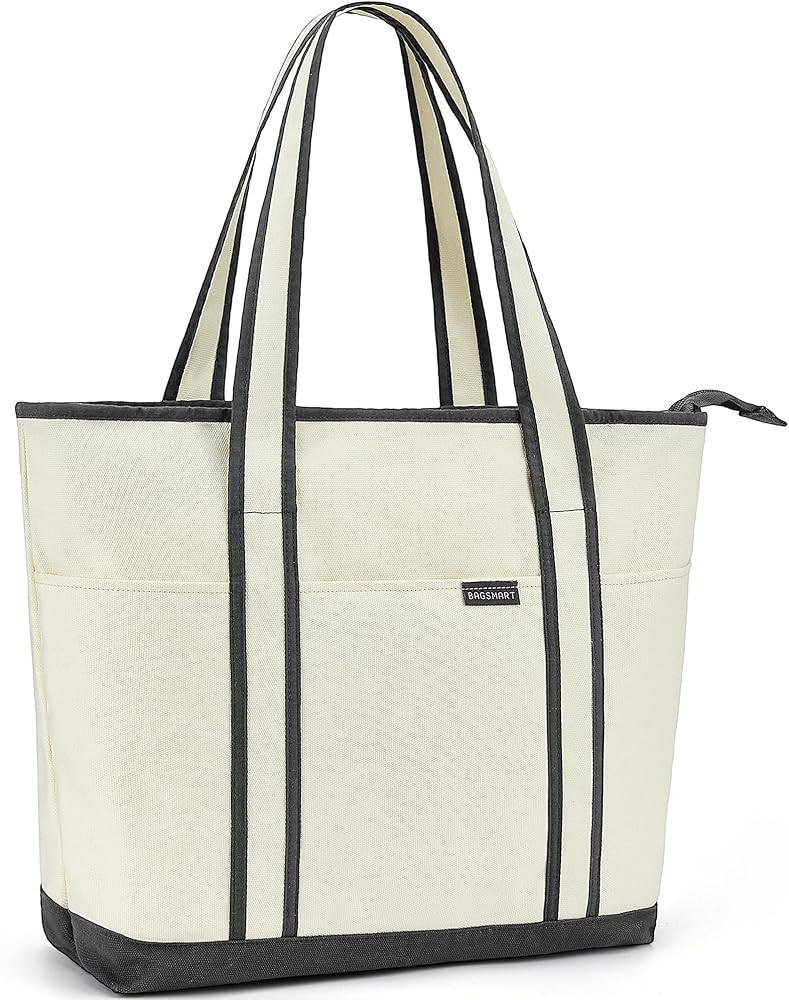 BAGSMART Canvas Tote Bag With Compartments and Zipper, Shoulder Handbag for Women, Travel, Shop | Amazon (US)