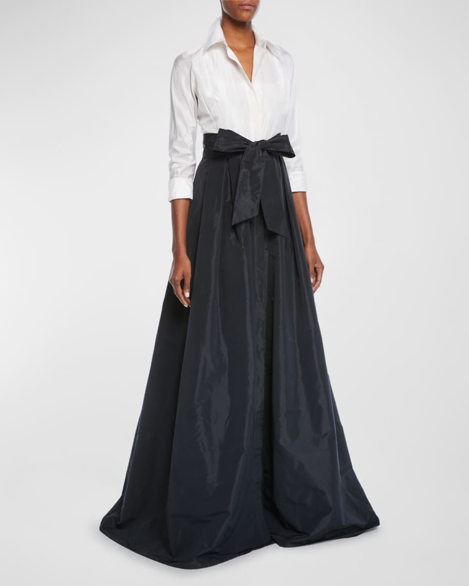 Rickie Freeman for Teri Jon Two-Tone 3/4-Sleeve Taffeta Shirtdress Gown | Neiman Marcus
