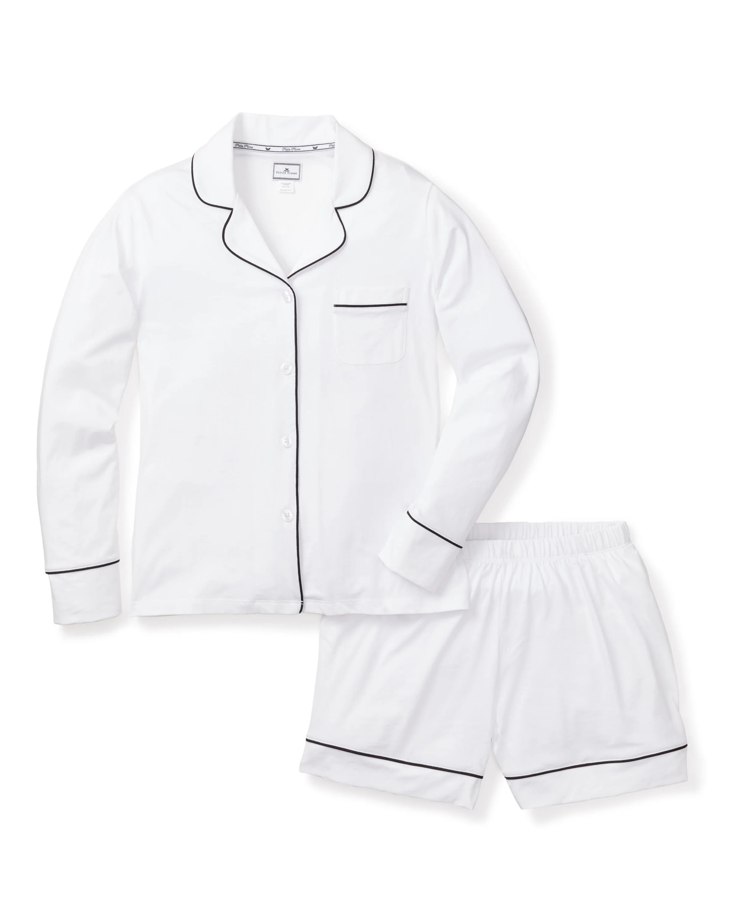 Women's Pima Long Sleeve Short Set in White with Black Piping | Petite Plume
