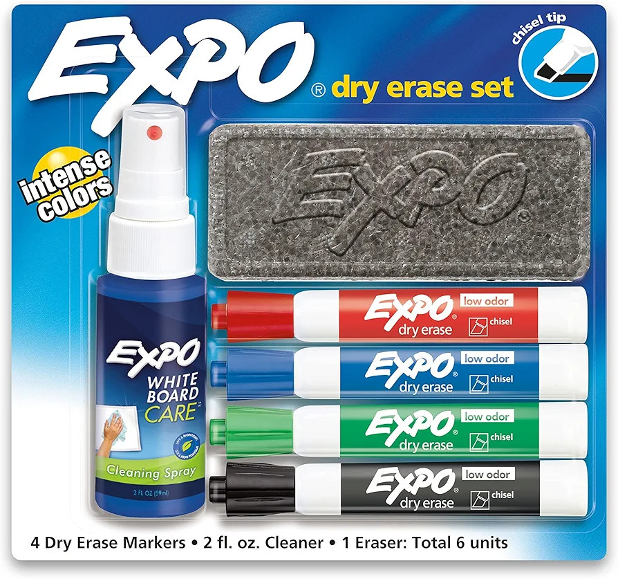 EXPO Low Odor Dry Erase Marker Set with White Board Eraser and Cleaner, Chisel Tip Dry Erase Mark... | Amazon (US)