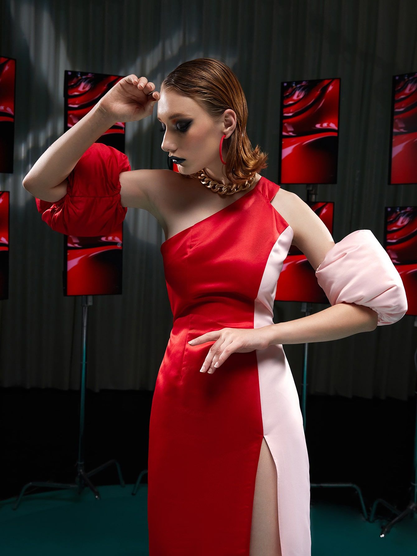 SHEIN X CÉLIAvalverde Colorblock Split Thigh One Shoulder Dress | SHEIN