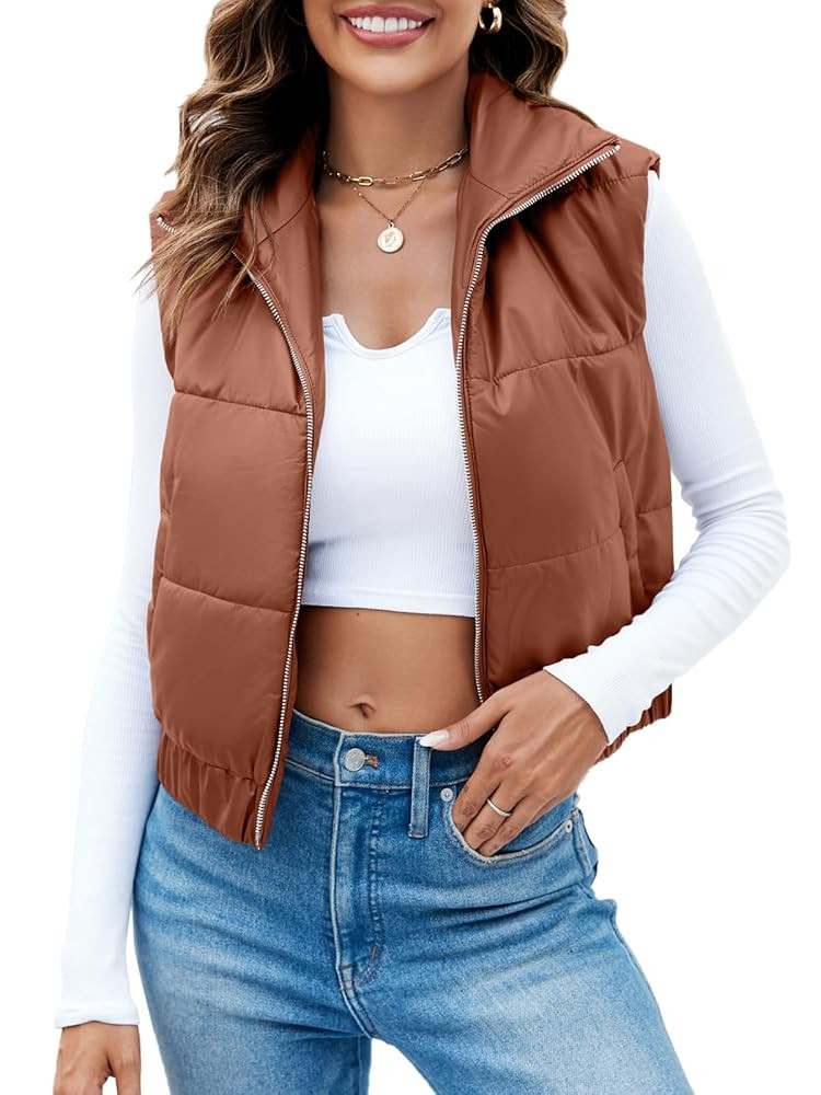 Fisoew Womens Faux Leather Puffer Vest High Stand Collar Zip Up Sleeveless Winter Cropped Jacket ... | Amazon (US)