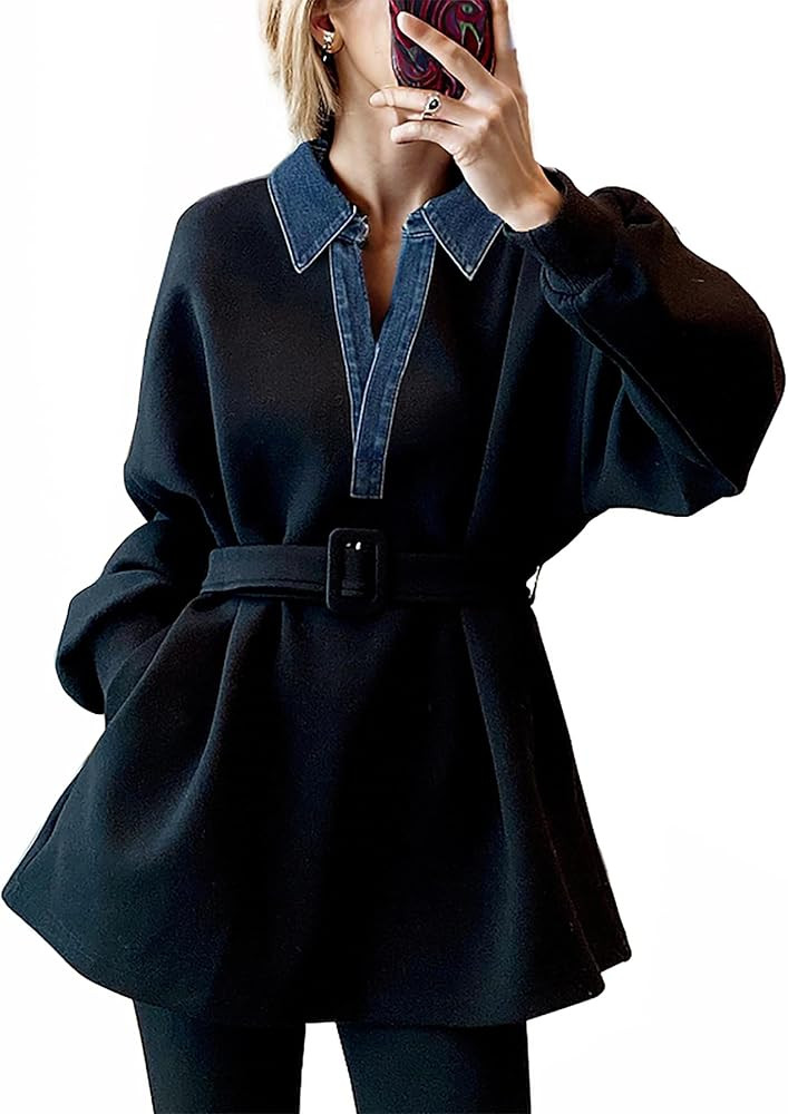 LAI MENG FIVE CATS Women's Casual Shirt Long Sleeve Pullover V Neck Blouse Tops with Belt | Amazon (US)