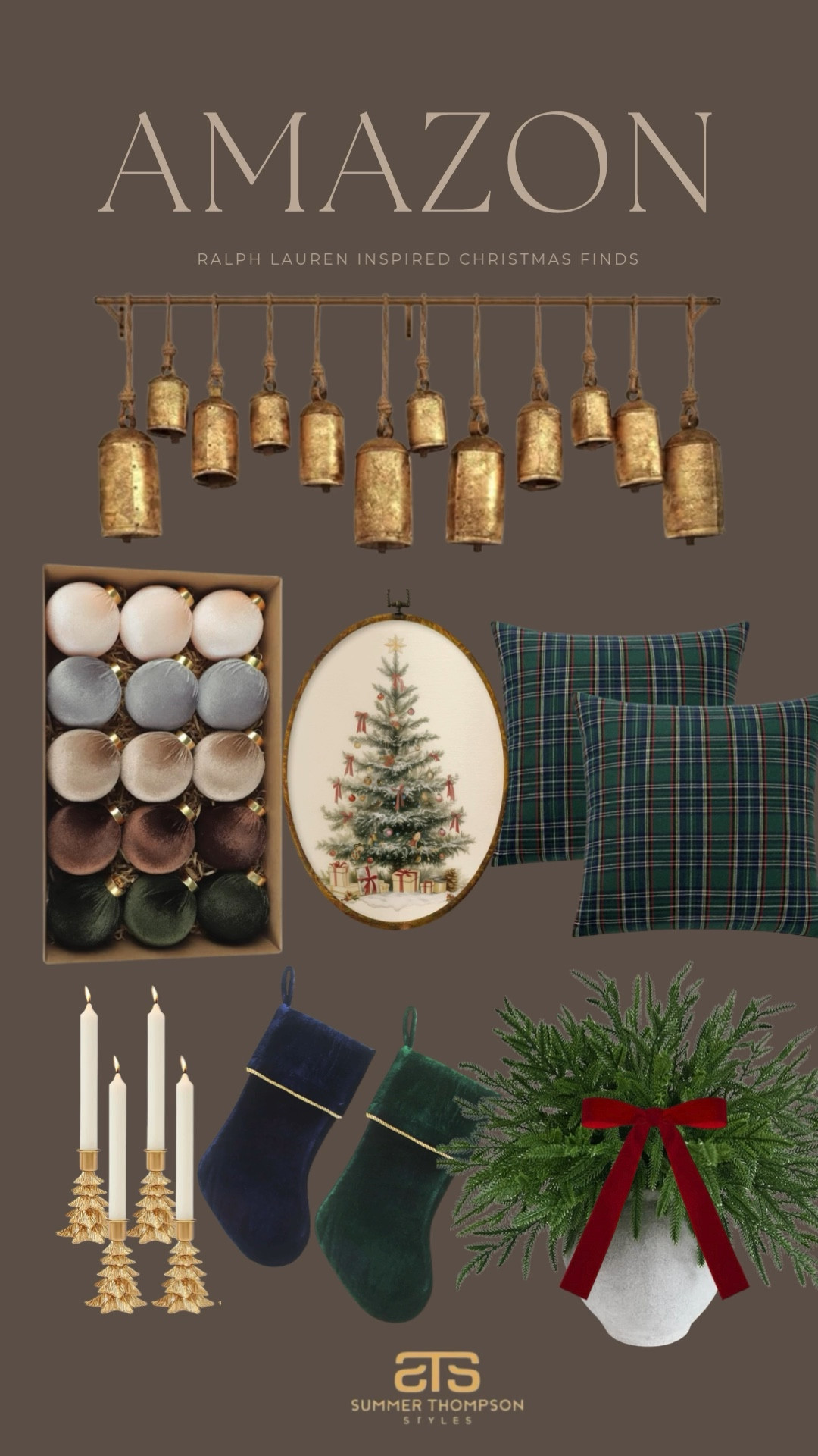 Classic Christmas textures with that Ralph Lauren inspired charm.
Brass bells. Velvet stockings. Plaid pillows. Neutral ornaments. Tree artwork. Gold taper holders. Holiday greenery. Timeless red bow accents.

#AmazonHome #HolidayDecor #ChristmasDecor


#LTKHome #LTKHoliday