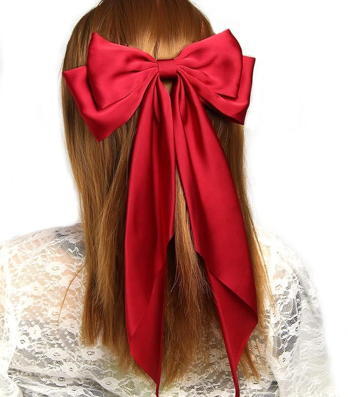 Women Big Bow Barrettes Girl's Satin Hairclips Long Ribbon Hair Pins Accessories For Party (Burgu... | Amazon (US)