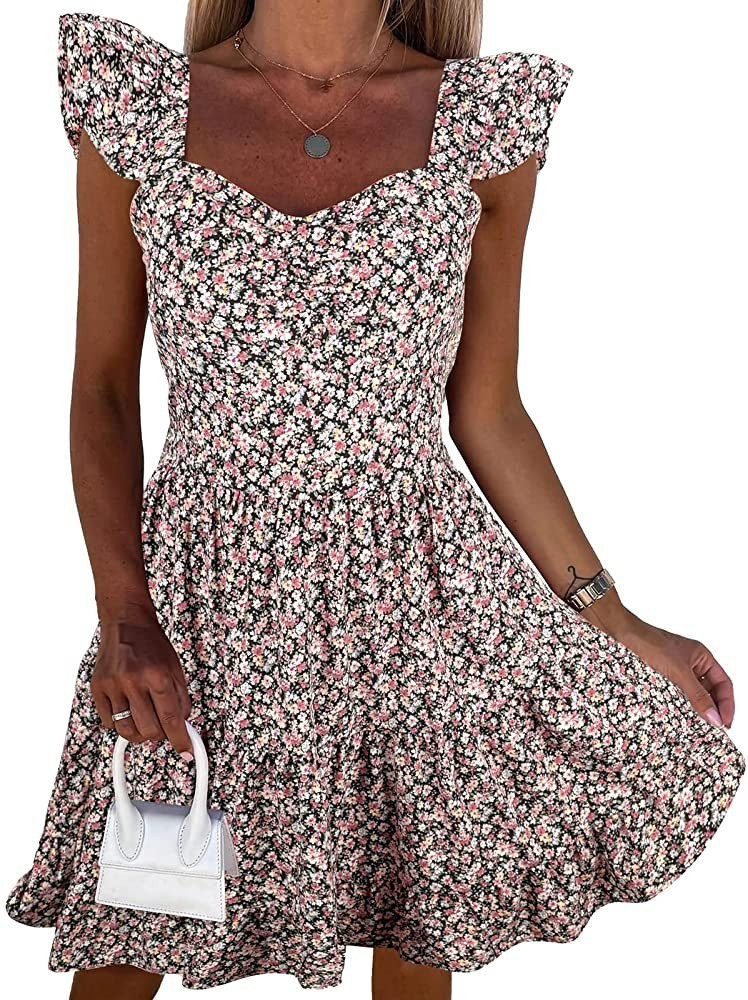 PRETTYGARDEN Women's Casual Summer Dress Floral Boho Ruffle Strap Tiered Mini Short Aline Beach S... | Amazon (US)