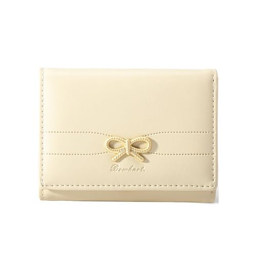 Cute Wallet Coquette Bow Small Wallet Tri-folded Aesthetic Bifold RFID Blocking Card Holder Leather Mini Short Coin Purse with ID Window for Women Girls Ladies -Beige | Amazon (US)