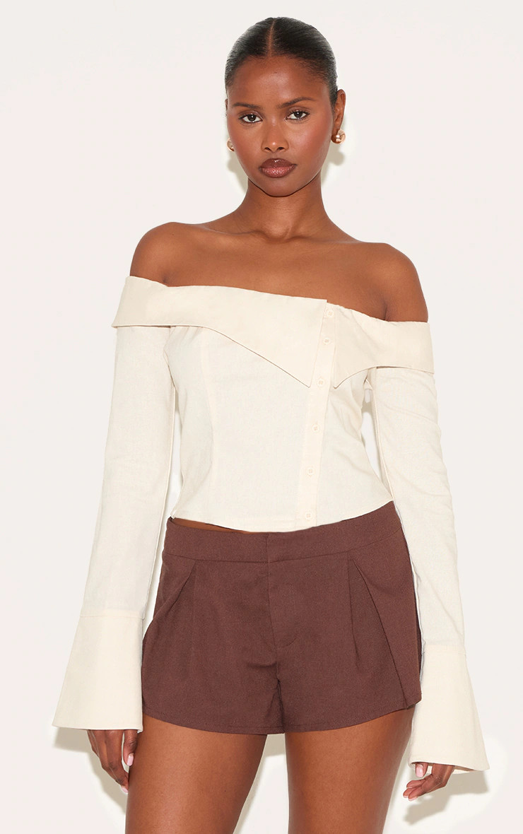 Butter Yellow Linen Blend Bardot Button Up Shirt | PrettyLittleThing US