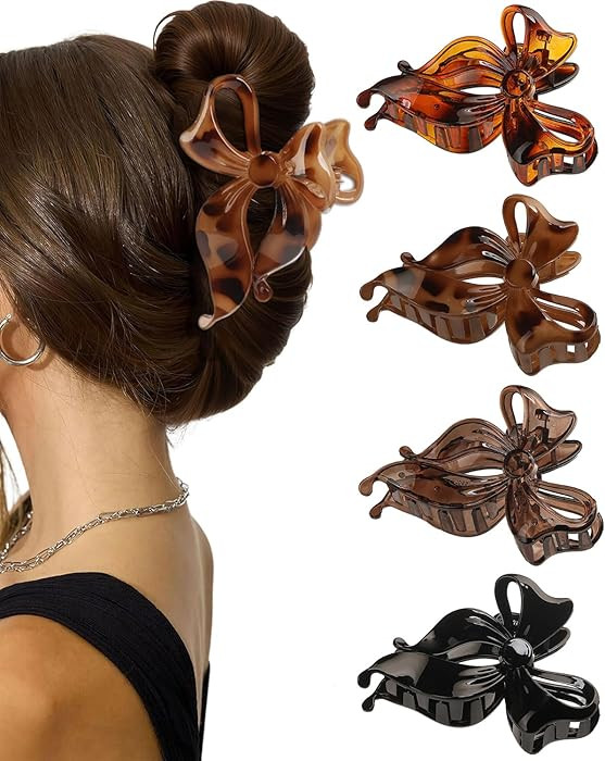 4 Pack Bow Claw Clips for Women, Large Nonslip Cute Bow Hair Clips,Strong Hold Tortoise Shell Hai... | Amazon (US)