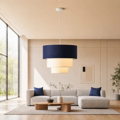 Modern 3-tier Drum Pendant Light, Teal Blue And White Fabric Shade, E26 Ceiling Hanging Fixture For Living Room Or Dining Area | Wayfair North America