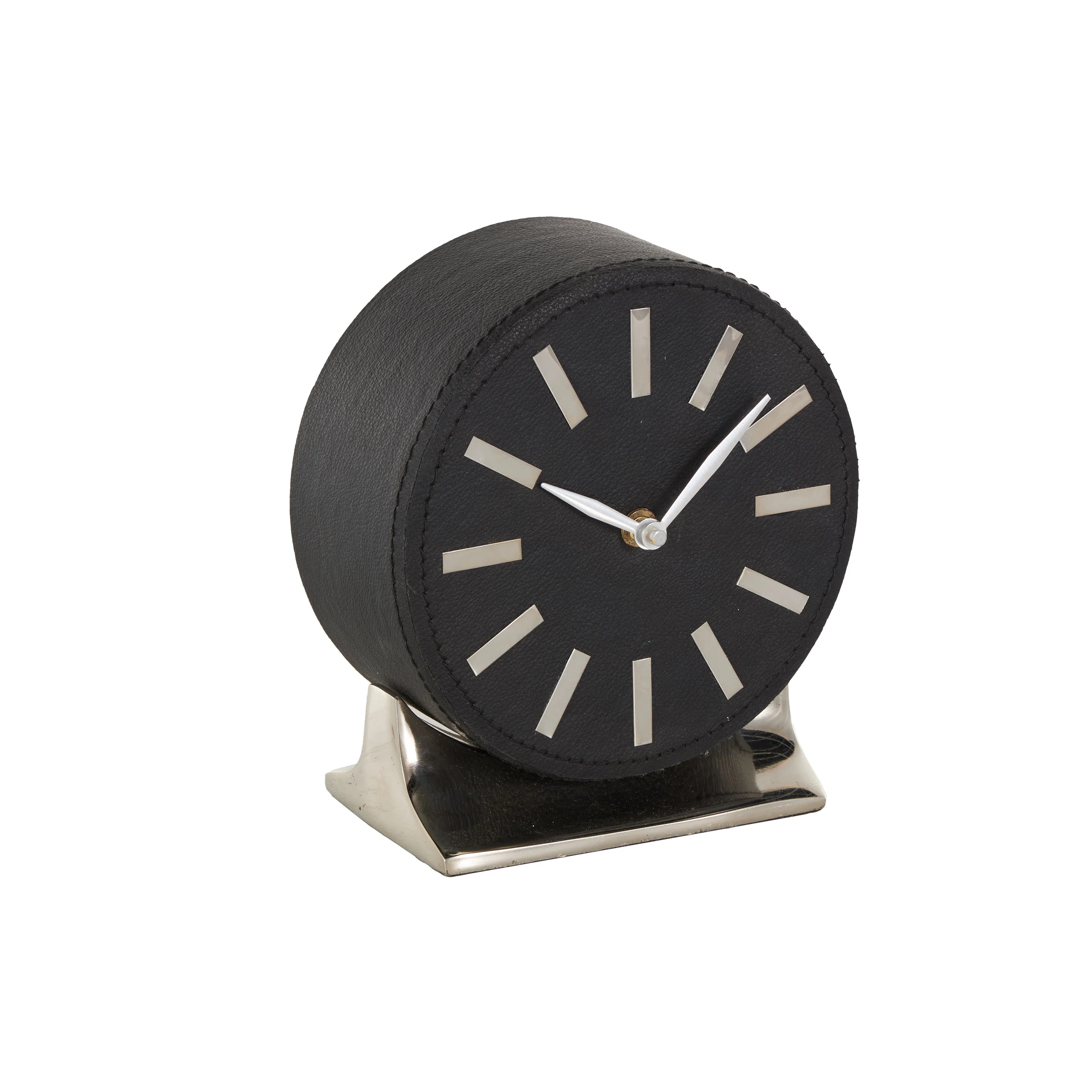 Faux Leather Round Decorative Black Clock With Silver Rectangular Base | Wayfair North America