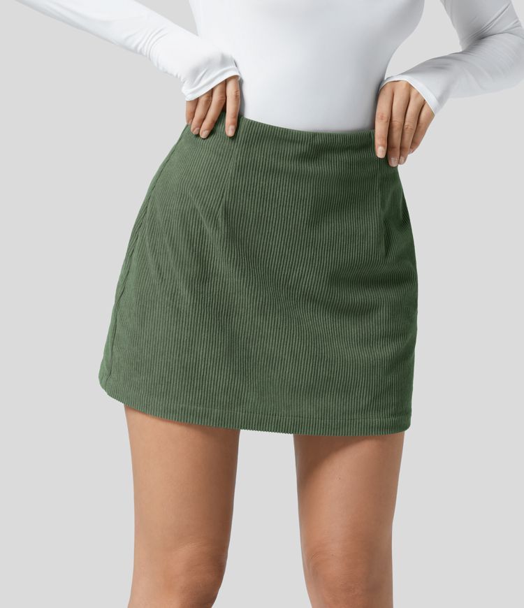 High Waisted Invisible Zipper 2-in-1 A Line Mini Corduroy Casual Skirt | HALARA
