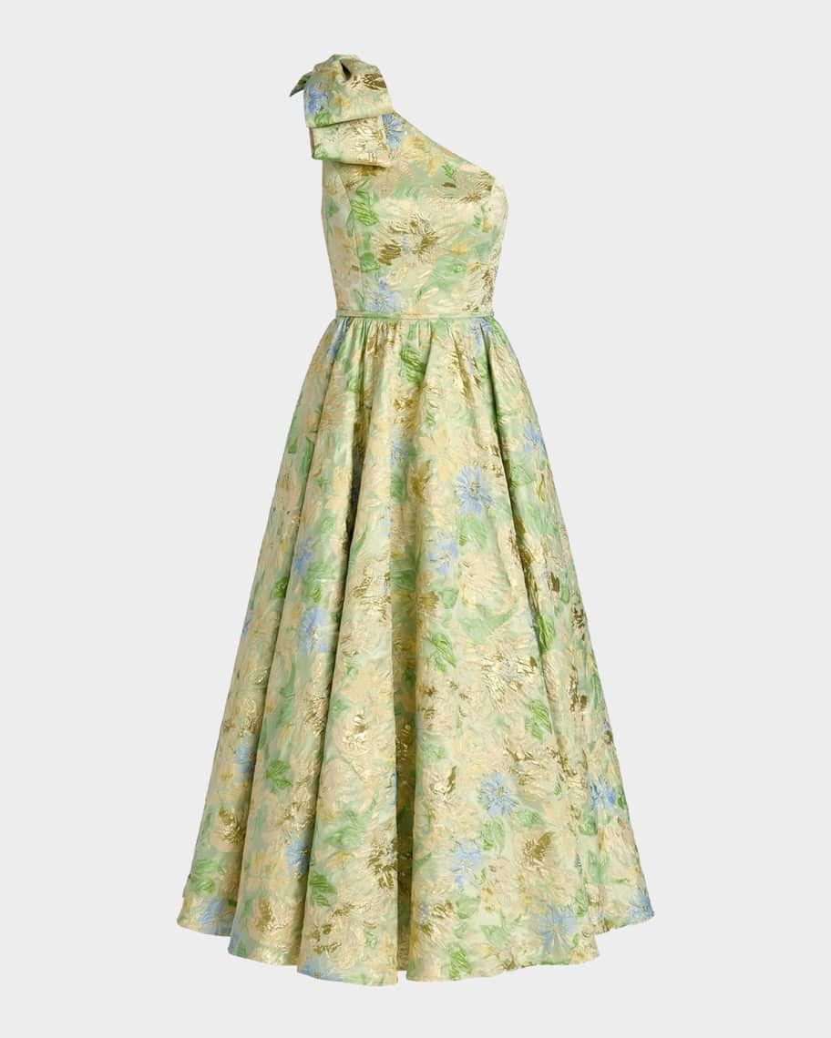 Mac Duggal One-Shoulder Brocade Midi Dress | Neiman Marcus