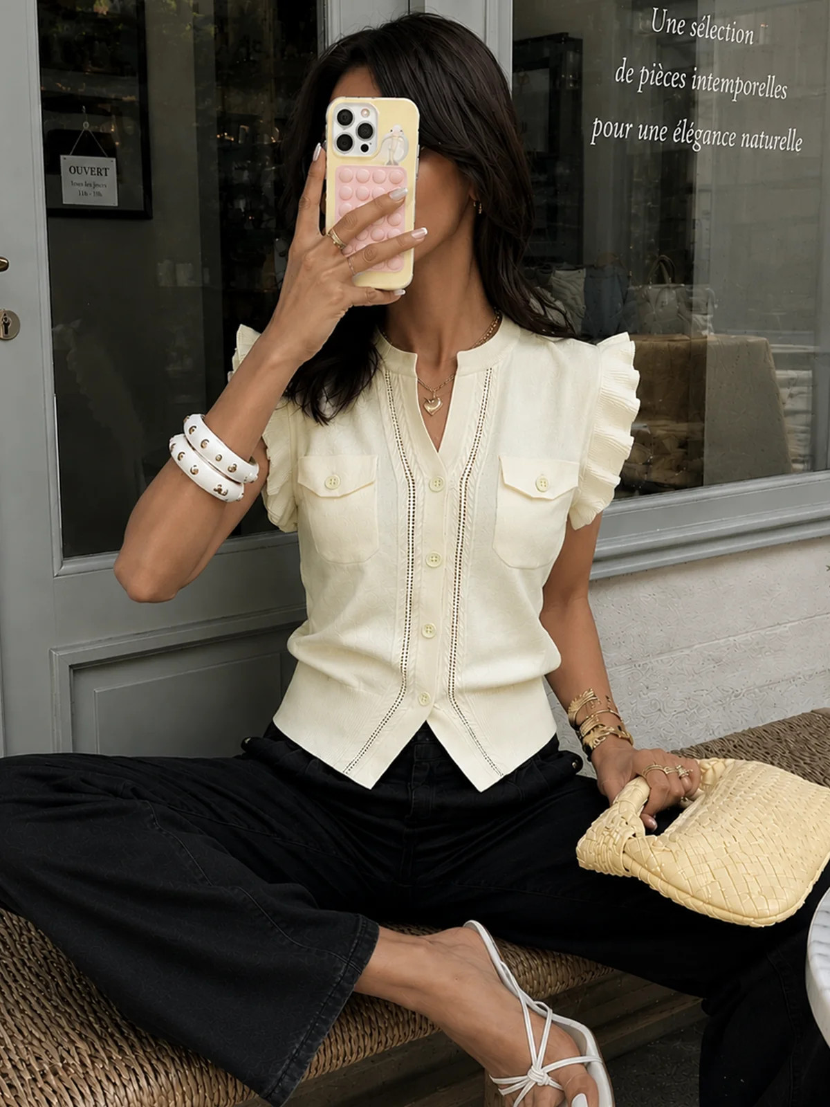 Ruffled Button-Down Knit Top | Commense
