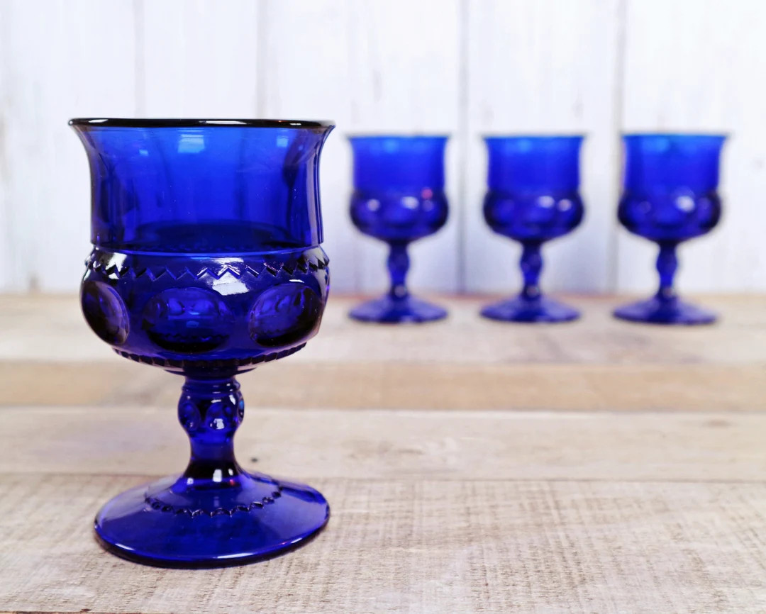 Vintage Cobalt Blue Colored Glass Thumbprint Goblets Cordial Port Wine Whiskey Glasses Indiana Gl... | Etsy (US)