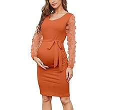 Floral Mesh Bishop Long Sleeve Maternity Midi Dress, Fall Maternity Bodycon Dress for Baby Shower... | Amazon (US)
