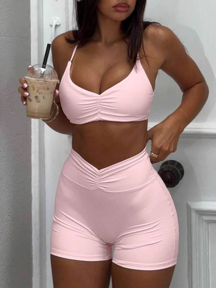 YEOREO Criss-Cross Back Sports Bra Top, Women Fitness Crop Top & Shorts Yoga Workout Set Pink Sum... | SHEIN