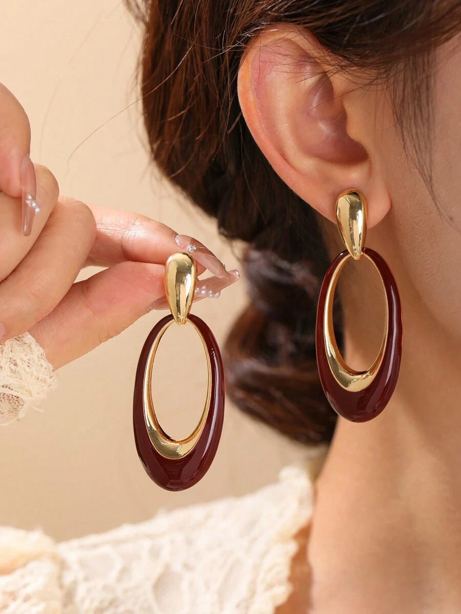 1pair Vintage Hong Kong Style Elliptical Shape Oil Drop Design Exaggerated Earrings | SHEIN