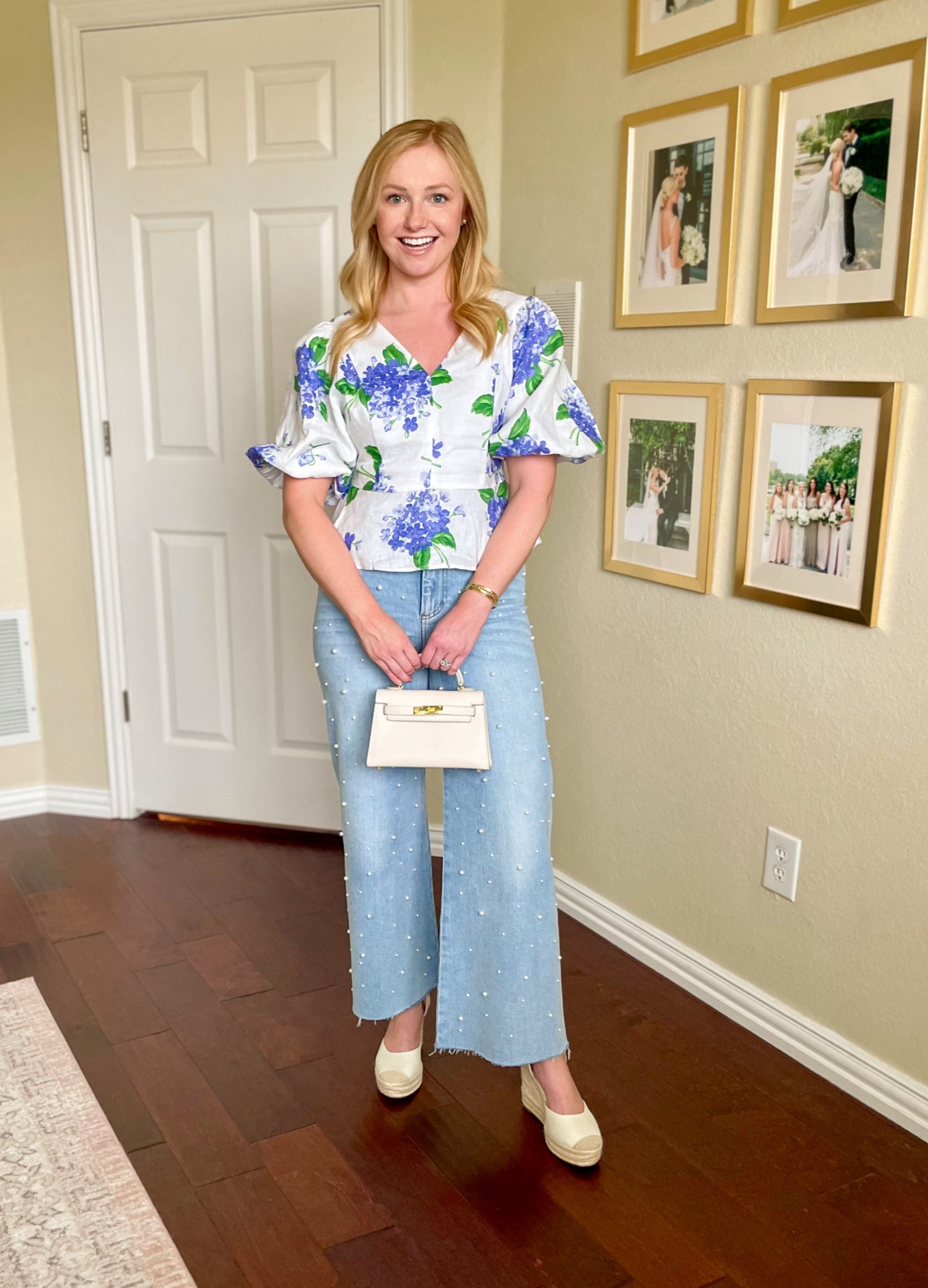 Wearing a 2 in jeans and 0 in top! | hydrangea top, wide leg jeans, pearl jeans, spring outfit, casual spring outfit, espadrilles, espadrilles wedges 

#LTKstyletip #LTKfindsunder100 #LTKSeasonal