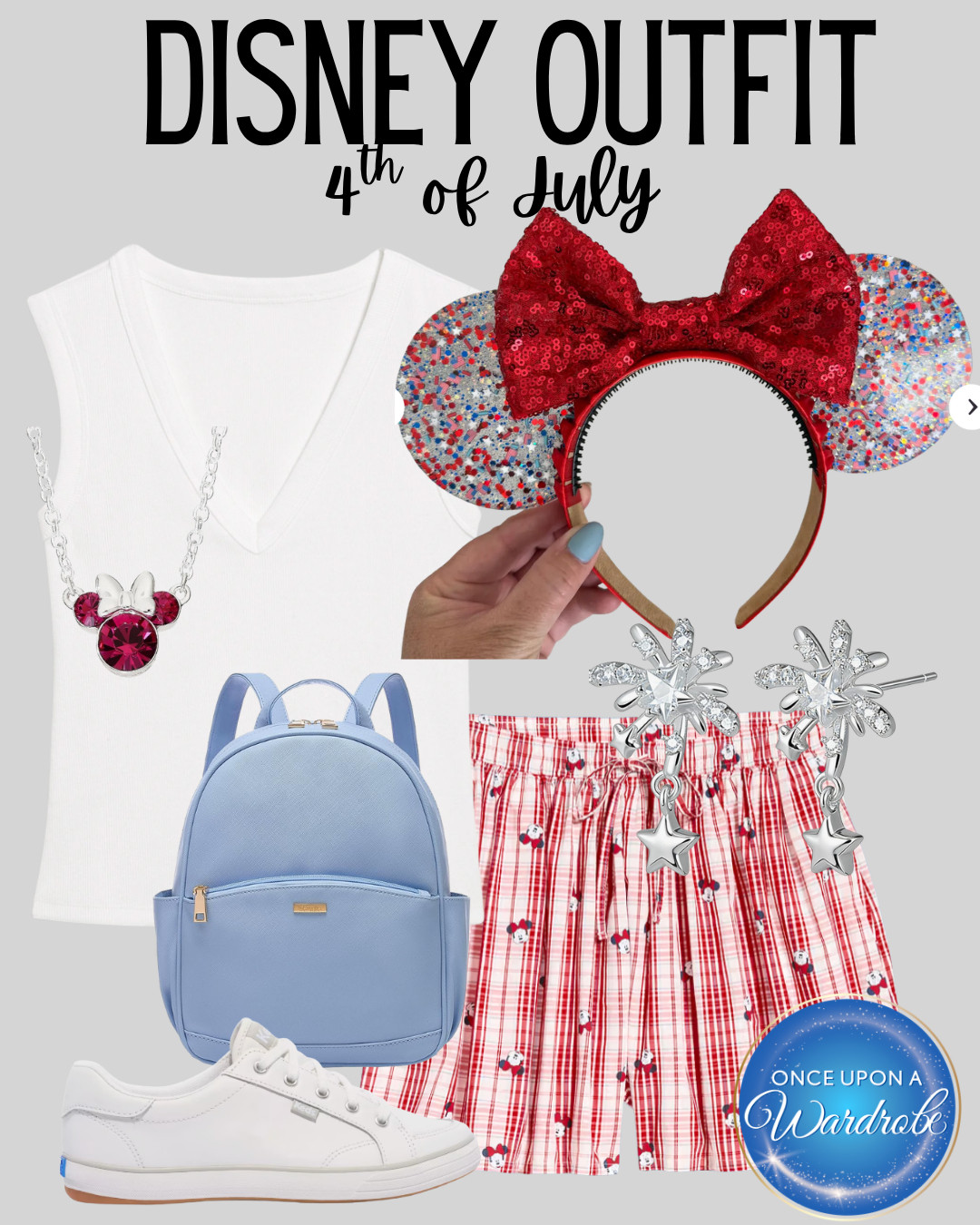 Disney 4th of July outfit idea with a fun red, white, and blue park day vibe 🇺🇸✨ This look pairs a white tee, plaid Mickey skirt, red sparkle ears, white sneakers, a blue mini backpack, and silver Disney accessories for an easy patriotic Disney outfit. Perfect for Magic Kingdom, Disneyland, summer Disney trips, or Fourth of July in the parks! 

 #LTKootd #LTKSeasonal #LTKTravel