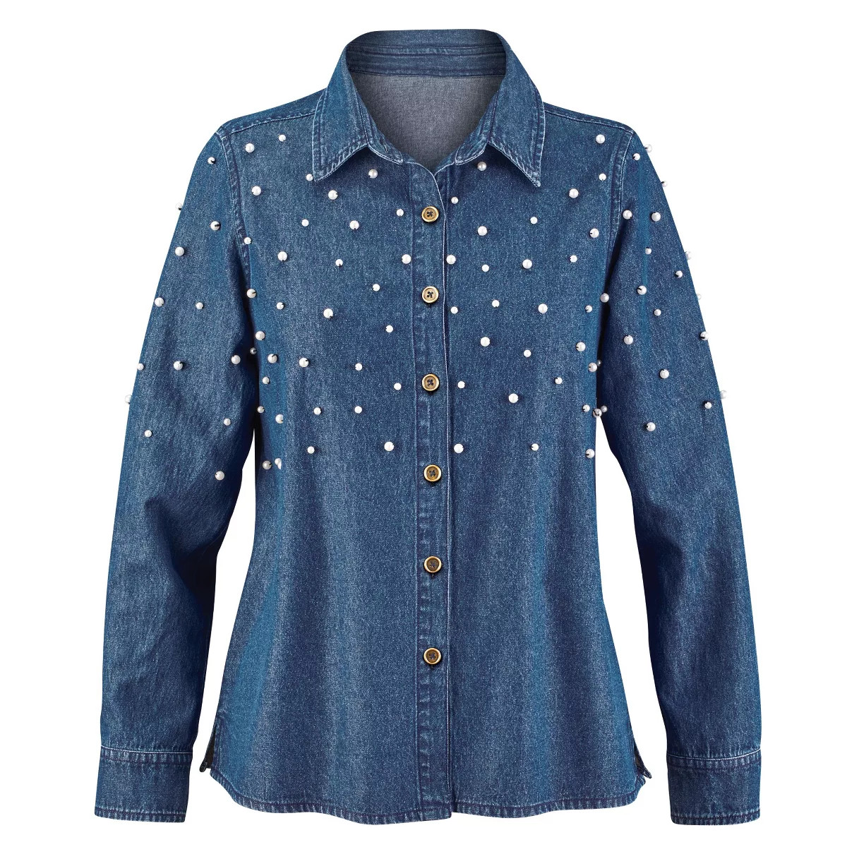 Collections Etc Pearl Embellished Button-Front Long Sleeve Denim Shirt Medium Female Indigo | Target