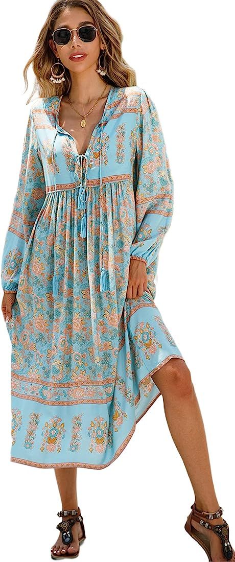 R.Vivimos Women's Long Sleeve Floral Print Retro V Neck Tassel Bohemian Midi Dresses | Amazon (US)