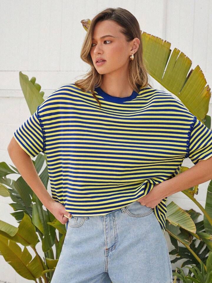 Forever 21 Loose Fit Short Sleeve T-Shirt With Contrast Color Stripe Design | SHEIN