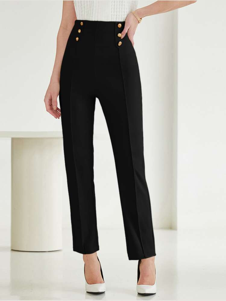 SHEIN Modely Press Crease Fake Button Straight Leg Pants | SHEIN