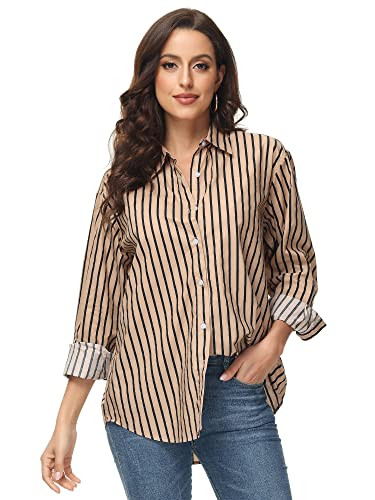 MCEDAR Women's Oversized Button Down Shirts Casual Plus Size Boyfriend Shirt Long Sleeve Striped Blouse Dark Brown Black10012-L | Amazon (US)