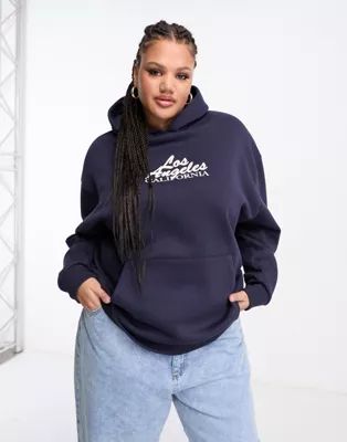 ASOS DESIGN Curve oversized hoodie with LA graphic in navy | ASOS (Global)
