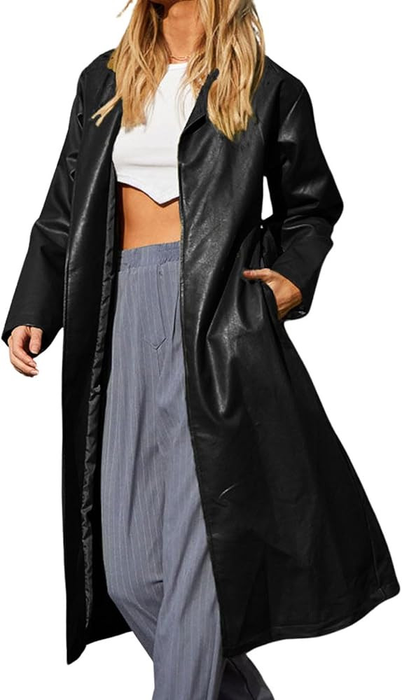 loveimgs Women's Button Down Lapel PU Leather Trench Coat Trendy Full Length Long Sleeve Faux Lea... | Amazon (US)