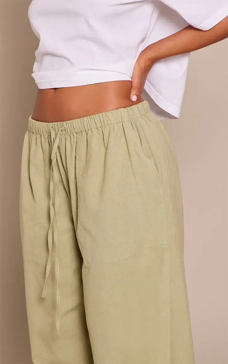 Sage Green Petite Sage Green Linen Drawstring Waist Trousers | PrettyLittleThing USA | PrettyLittleThing US