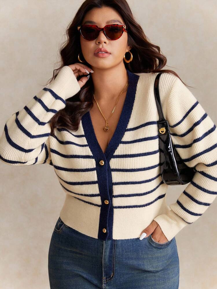 Elaquor Plus Size Women Casual Striped V-Neck Long Sleeve Cardigan In Fall/Winter | SHEIN