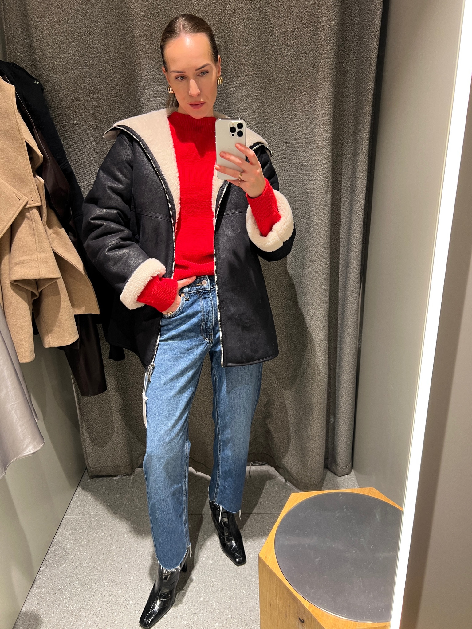 Mango new in fall winter collection shearling jacket red sweater blue relaxed jeans black croc ankle boots

#LTKSeasonal #LTKworkwear #LTKeurope