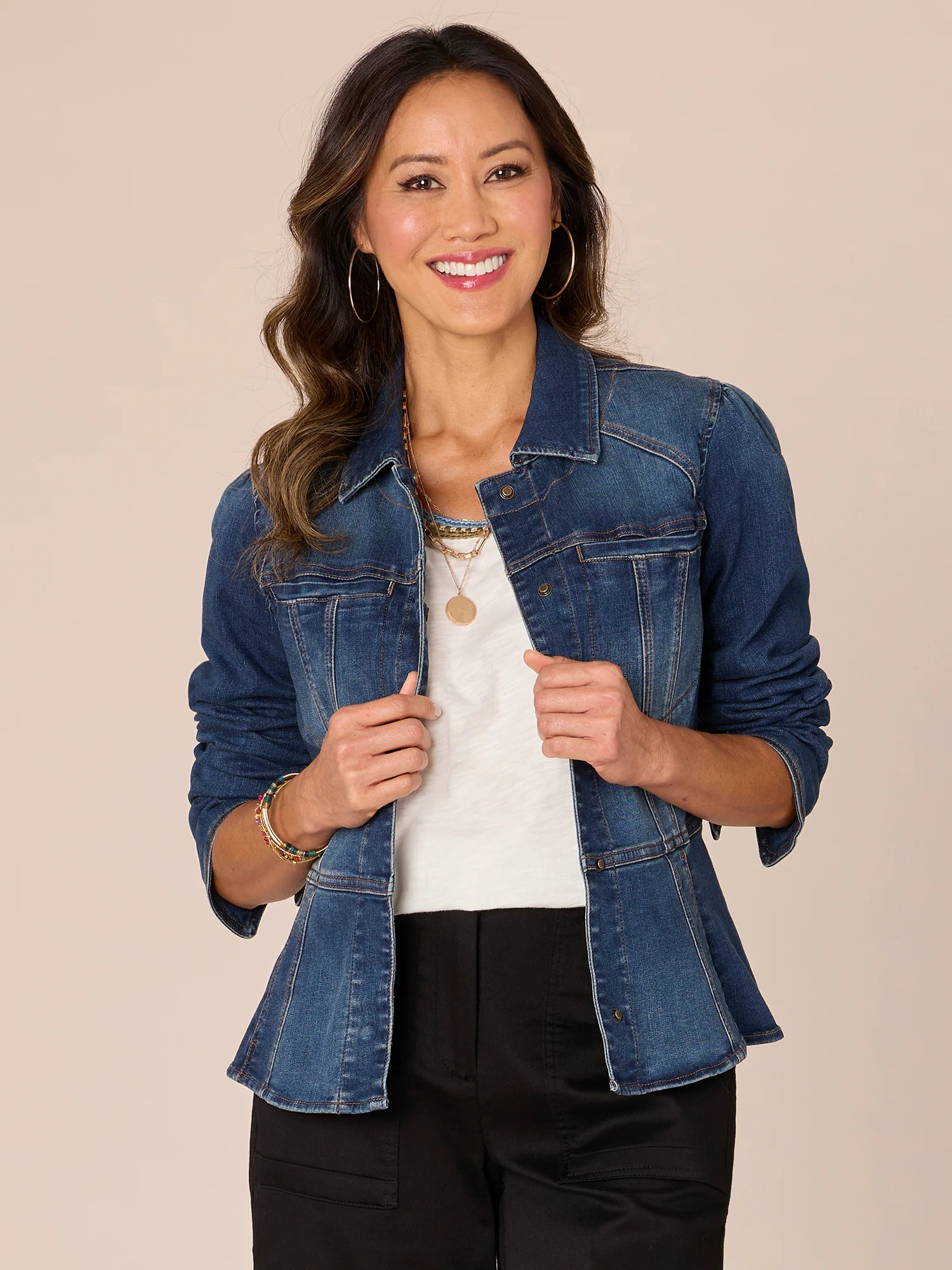 Long Puff Sleeve Patch Pocket Peplum Jacket with Hidden Snaps | Democracy Clothing