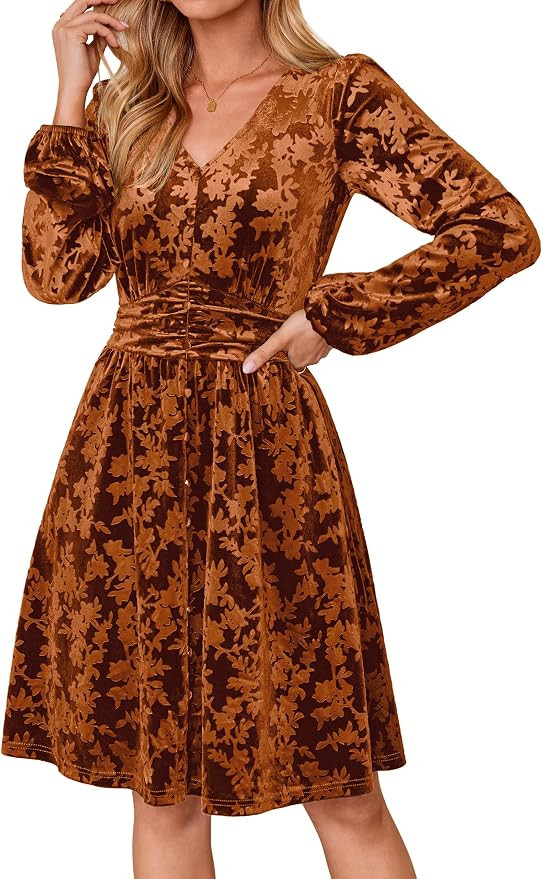 Simplee Womens Velvet Dress Fall Long Sleeve Cocktail Party Winter Dresses | Burnt Floral Velvet,... | Amazon (US)