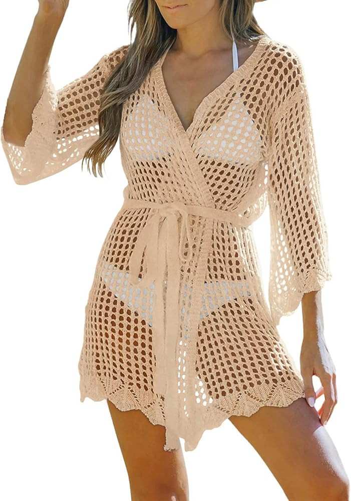 PINKMSTYLE Womens Open Front Crochet Hollow Out Beach Bikini Swimsuit Cover Up Kimono Cardigan | Amazon (US)