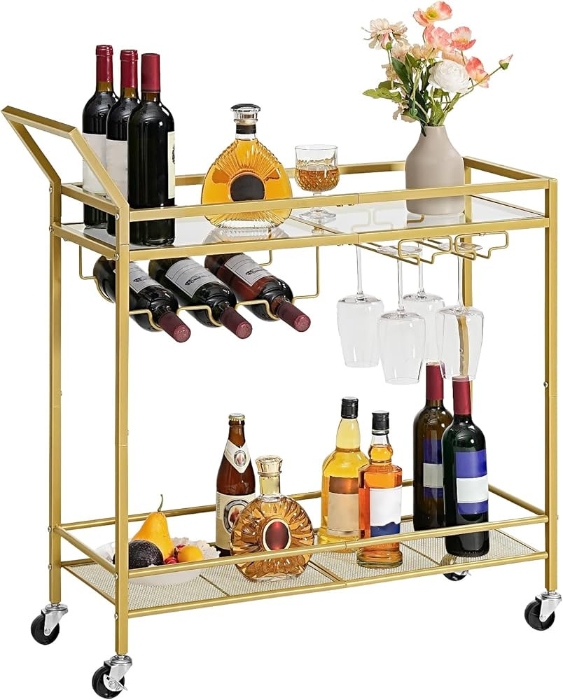 HOOBRO Bar Cart for The Home, Gold Bar Cart, 2-Tier Home Bar Serving Cart with Wine Rack and Glas... | Amazon (US)