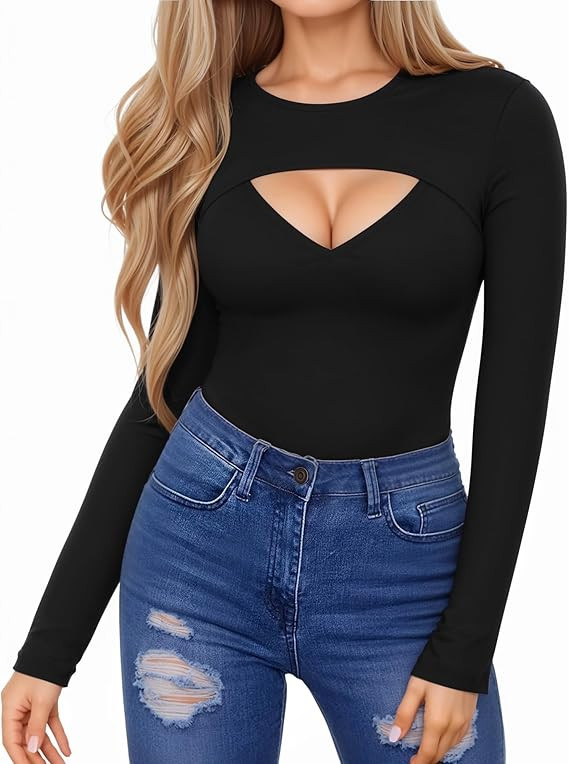 HERLOLLYCHIPS Womens Long Sleeve Tops Cut Out Front Ribbed Fitted Sexy Casual Dressy Fall Tee T-S... | Amazon (US)