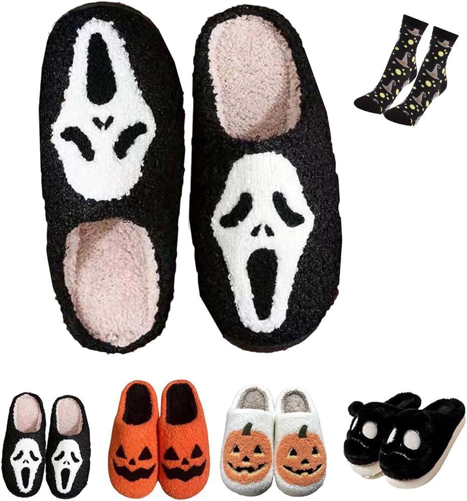 LELEBEAR Scream Ghostface Slippers, Halloween Pumpkins Slippers Soft Plush Spooky Slides For Wome... | Amazon (US)