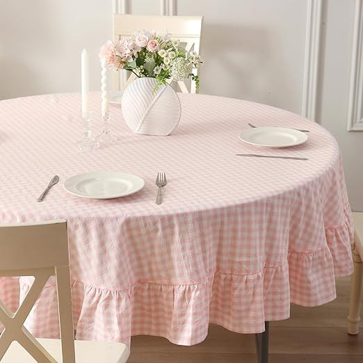 100% Cotton Blush Plaid Ruffled Table Cloth Round Cover, Dia.70 in Cottage Coquette Checker Gingh... | Amazon (US)